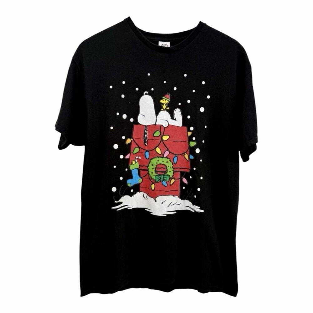Vintage 2000s Snoopy Christmas Doghouse T Shirt Mens Large Black Delta Pro